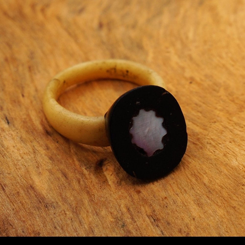 Victorian Handmade Mourning Ring Starburst Opal in Black Ebony Stone Size > 1